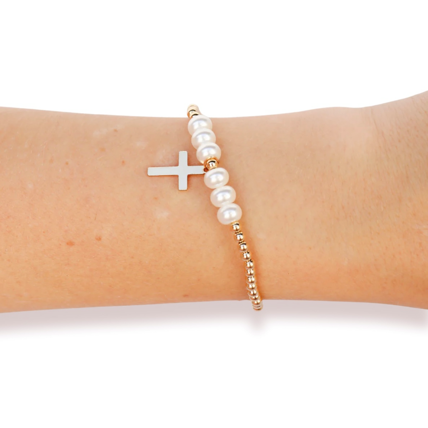 Cross Pearl Gold Charm Bracelet